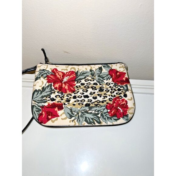 Leopard Animal Print Hibiscus Faux Leather Handle Trim Wristlet Wallet - Picture 3 of 11